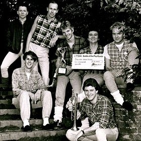 The Sugar Ray Five with the £10,000 cheque and trophy - winners of the BBC Battle of The Bands 1983